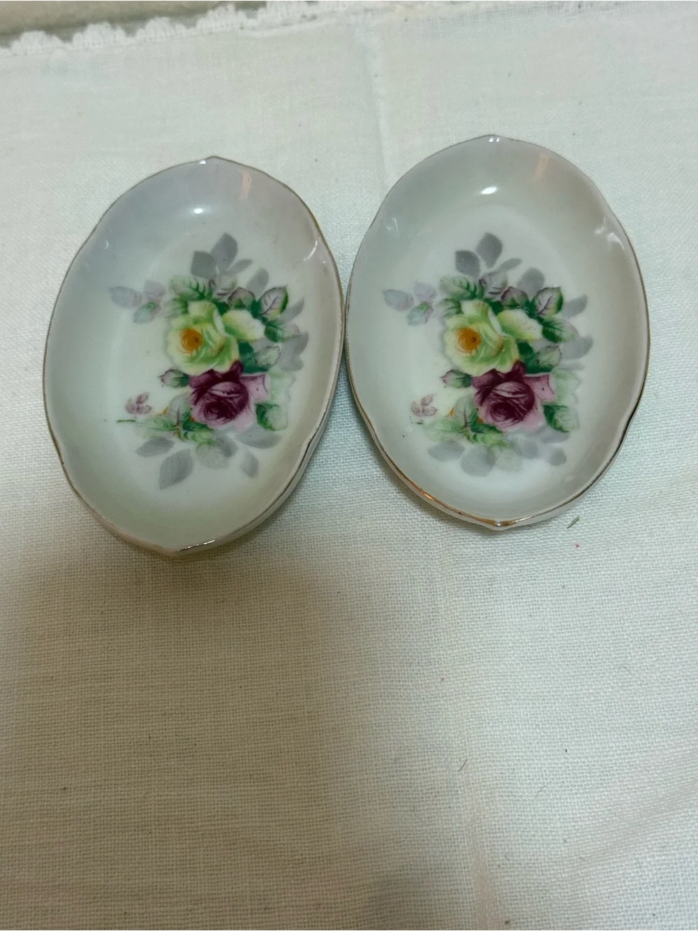 Vintage Butter Pats/ Trinket Dish Floral w/ Gold Trim 4” Set Of 2